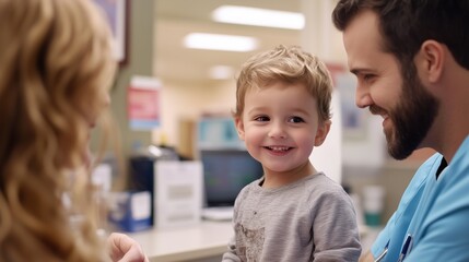 Documentary-Style Photography of Parents Bringing Children to Doctor&rsquo;s Office, Capturing Candid Moments at Reception and Consultation with Doctor in a Realistic, Softly Lit Atmosphere.