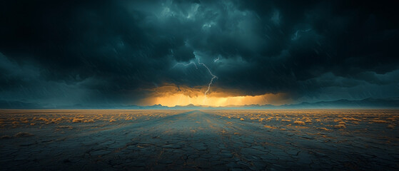 Dark clouds roll in as lightning illuminates the sky over a barren, deserted landscape, creating an intense and dramatic atmosphere.