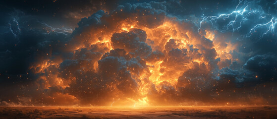 Fototapeta premium Dark clouds roll in as lightning illuminates the sky over a barren, deserted landscape, creating an intense and dramatic atmosphere.