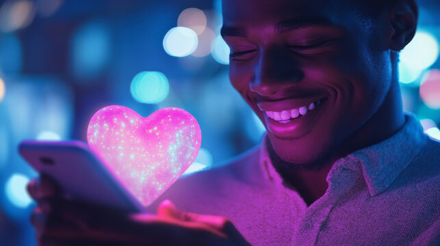 A young man smiles while interacting with a glowing heart graphic on his smartphone in a vibrant nighttime setting