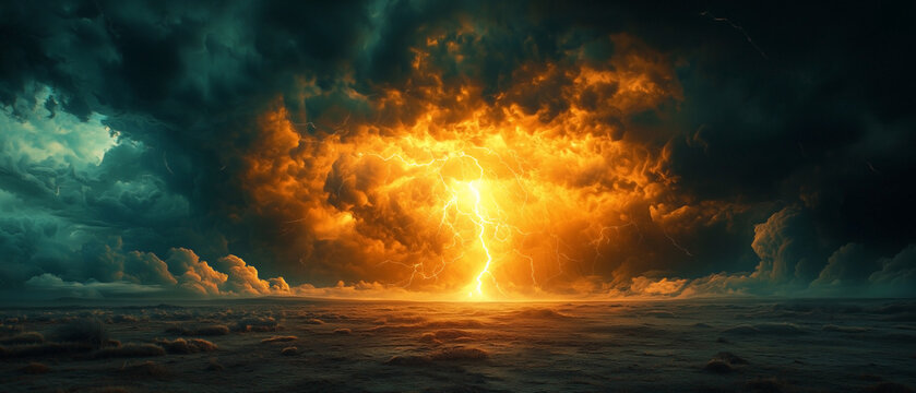 Dark clouds roll in as lightning illuminates the sky over a barren, deserted landscape, creating an intense and dramatic atmosphere.