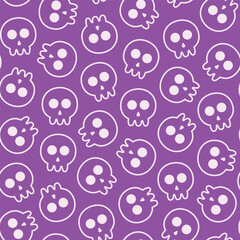 seamless pattern of a skull head with a white outline style on a purple background, suitable for designing textiles, clothes, fabric, fashion, wrapping paper and others