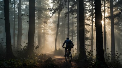 Obraz premium Cyclist Silhouette Riding Through a Foggy Forest: Morning Mist and Light Rays