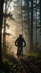 Fototapeta premium Cyclist Silhouette Riding Through a Foggy Forest: Morning Mist and Light Rays