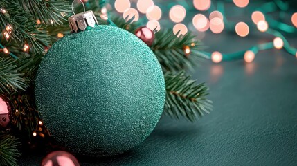 Glittering teal Christmas ornament resting among festive greenery and soft glowing lights, evoking holiday cheer.