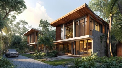 Modern luxury homes with wood and stone accents nestled in a tropical jungle setting.