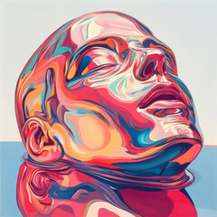 Abstract colorful sculpture resembling a human head floating in tranquil water at sunset