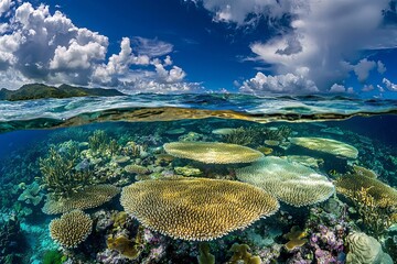 A split-level view of a vibrant coral reef with a blue sky above.