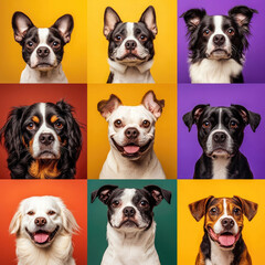 Obraz premium grid of nine dog portraits, each featuring different breeds and expressions. The colorful backgrounds range from yellow, orange, purple, and green, creating a vibrant, playful atmosphere
