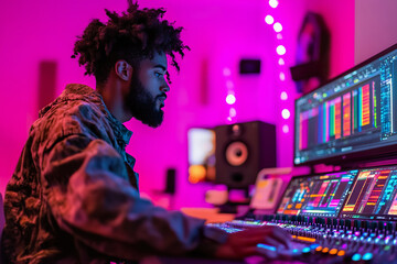young man working in his vibrant video editing studio during nighttime