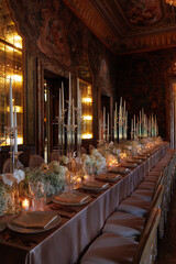 Modern luxury destination wedding decor in dark gold mode in historical Italian villa Arvedi with candelabras, gold chairs flowers and artworks