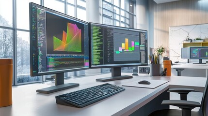 Naklejka premium A sleek modern office with vibrant computer screens displaying 3D models, digital business innovation, creative design workflow., clean lines, simple shapes,