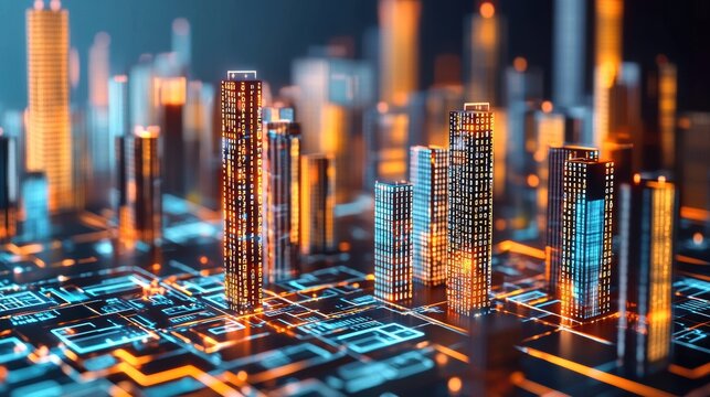Abstract digital cityscape with binary code, futuristic business concepts, cybernetic environment, digital transformation., clean lines, simple shapes,