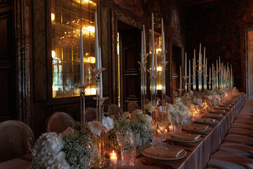 Modern luxury destination wedding decor in dark gold mode in historical Italian villa Arvedi with candelabras, gold chairs flowers and artworks