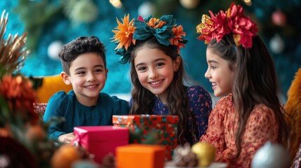 Vibrant and Polished Magazine-Style Photography of Kids, Pets, Parents, Friends, and Couples Exchanging Gifts at Home or Stylish Parties, Capturing Excitement, Joy, and Festive Spirit in Sleek, Modern