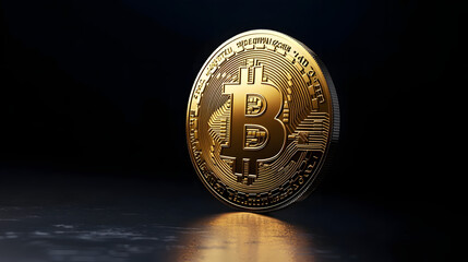 3D virtual Bitcoin coin, front side, on dark or black background, wallpaper.
