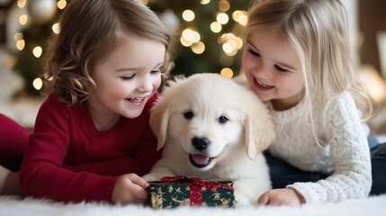 Vibrant and Polished Magazine-Style Photography of Kids, Pets, Parents, Friends, and Couples Exchanging Gifts at Home or Stylish Parties, Capturing Excitement, Joy, and Festive Spirit in Sleek, Modern