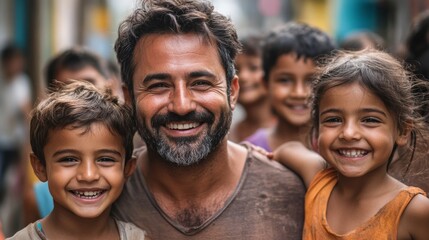 Fototapeta premium A man and two children are smiling for the camera