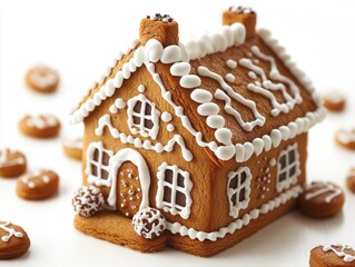 A gingerbread house cookie, isolated on white background. 