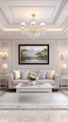 This stylish interior boasts two sunken seating areas surrounded by greenery, complemented by white and warm accent walls that enhance the natural light streaming in