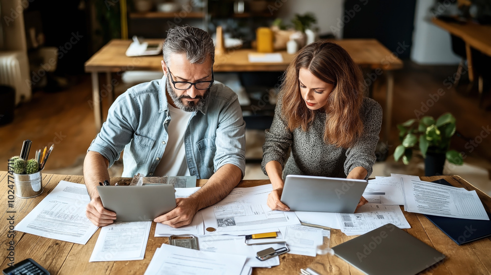 Wall mural two people working at a table with documents, tablets, and a calculator in an office environment, fo