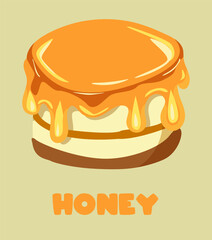 Single drawing serving delicious pancake with honey. Natural sweet taste. National Flapjack Day. Simple design graphic illustration for banner or web, cute flat illustration.