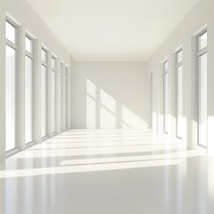 Fototapeta premium A bright, minimalist interior space with large windows casting shadows on the floor.