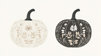 Elegant white and black pumpkins adorned with floral designs displayed on a light background for autumn decoration