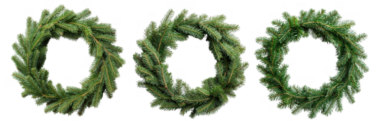 Set of green Christmas wreath of fir branches isolated on the background. New year wreath clipart on a transparent background. Generative AI.