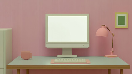 A pastel pink home office setup featuring a clean desk with a computer monitor, a stylish pink lamp, and minimalist decor against a solid pink backdrop.