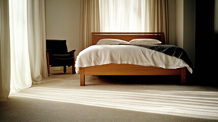 A serene bedroom scene featuring a wooden bed, soft bedding, a plush carpet, and an armchair bathed in gentle, natural sunlight beaming through tall windows.