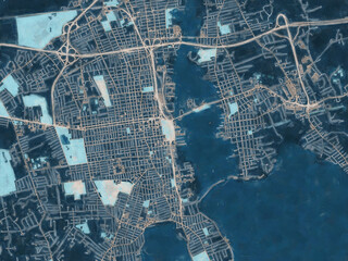 Painterly Style City Map of New Bedford Massachusetts, USA in a Blue Color Scheme.