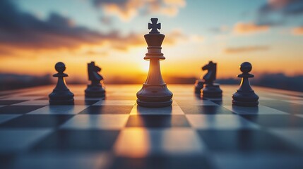 Chess pieces on a chessboard at sunset, with the king prominently displayed, symbolizing strategy and decision-making