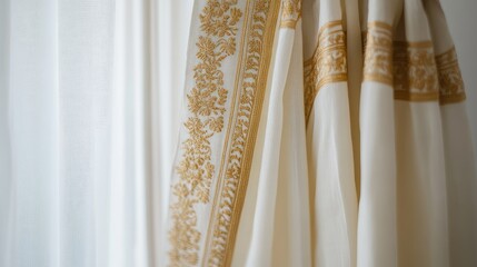 Beautifully crafted dhoti with gold embroidery, hanging on a minimalist white hanger, clean background highlighting its elegance.