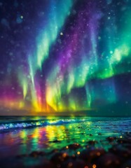 Fototapeta premium Experience the ethereal beauty of the northern lights dancing gracefully over the ocean, as vibrant colors illuminate the night sky, creating a magical, unforgettable spectacle.