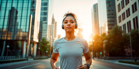 Young woman on an early morning sunrise run before work showing a healthy lifestyle concept