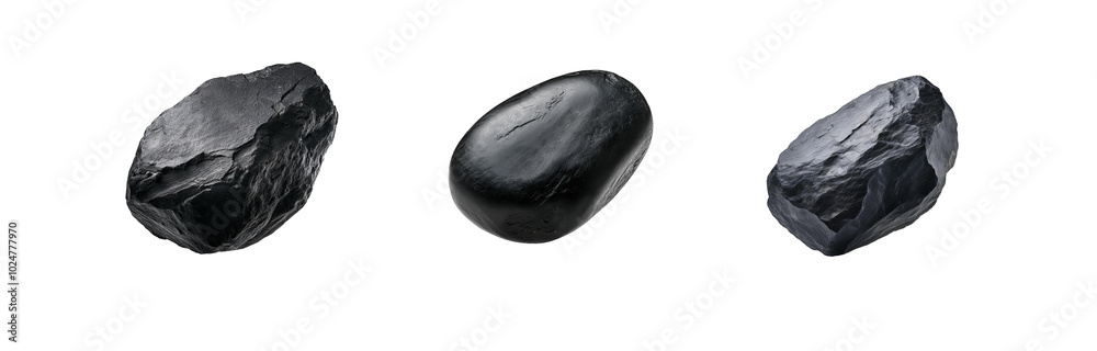 Aufkleber three isolated black rocks with varying shapes on a white background.