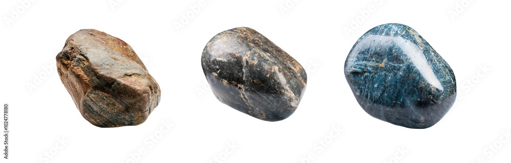 Aufkleber Three smooth stones with different colors and patterns, isolated on a white background.