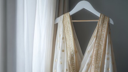 Delicate gold-embroidered dhoti, hanging gracefully on a sleek white hanger, minimalistic background with a soft tone.