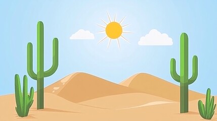 A cartoon illustration of a desert landscape with two tall cacti, sand dunes, a bright sun, and two white clouds in a blue sky.