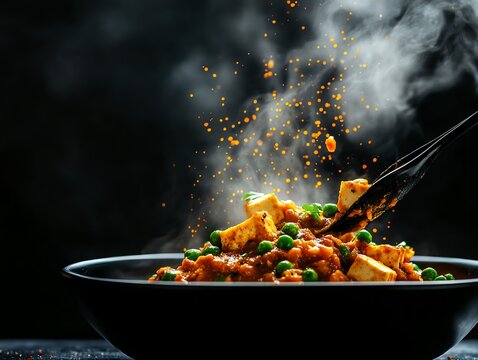 Fragrant matar paneer with green peas and paneer cubes in a creamy tomato gravy