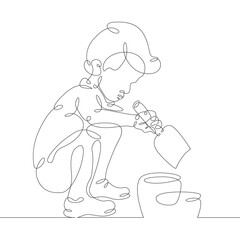 Obraz premium One continuous line. Little child playing. Childrens games. Portrait of a baby. One continuous drawing line logo isolated minimal illustration.