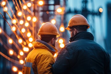 Two engineers in hard hats discuss a project at a construction site illuminated by lights, emphasizing teamwork and industrial progress.