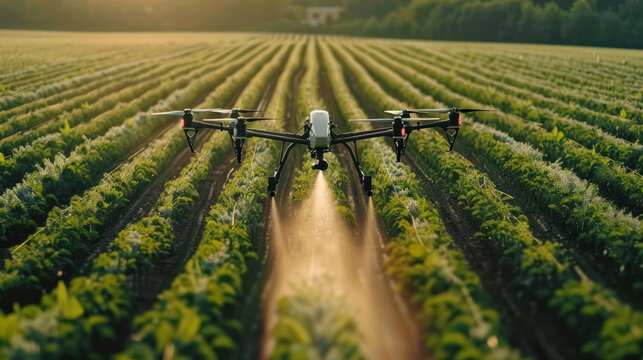 drone sprays crops in lush green field, showcasing modern agricultural technology. scene captures essence of precision farming and innovation in agriculture