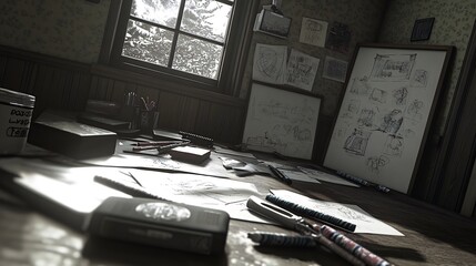 A cluttered desk in a home office with drawings, pencils, and other art supplies.