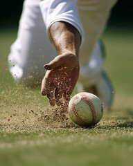 сlose-up of a fielder stopping a ball on the ground