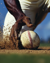 сlose-up of a fielder stopping a ball on the ground