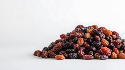 Fototapeta premium A pile of assorted raisins, showcasing a variety of colors and textures against a plain background.