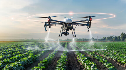 drone spraying crops in field, showcasing modern agricultural technology and innovation. scene captures essence of precision farming and sustainable practices
