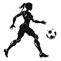 Cyborg Soccer Star: A powerful silhouette of a female cyborg athlete, showcasing her athletic prowess as she dribbles a soccer ball.  The image evokes themes of future sports.